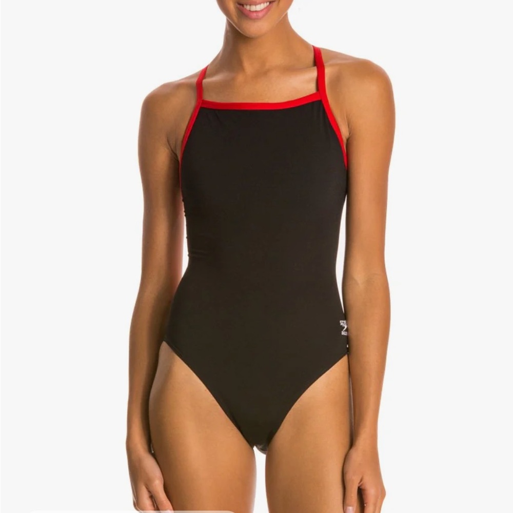 Speedo Women’s Endurance+ Flyback One Piece Swimsuit Black Red Trim Size 6/32